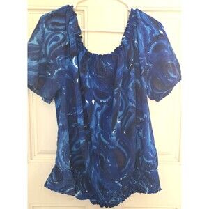 MICHAEL Michael Kors Smocked Waist Blue Floral Short Sleeved Top Women's Plus 1x